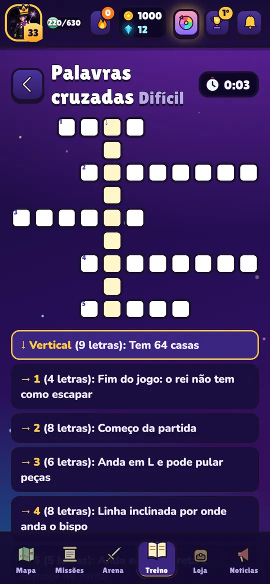 Minijogo Palavras cruzadas